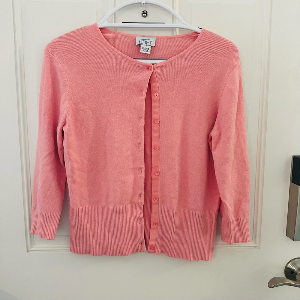 Ann Taylor LOFT Cardigan M | Pink Button Down Ribbed Hem Casual Office Wear - Picture 1 of 5